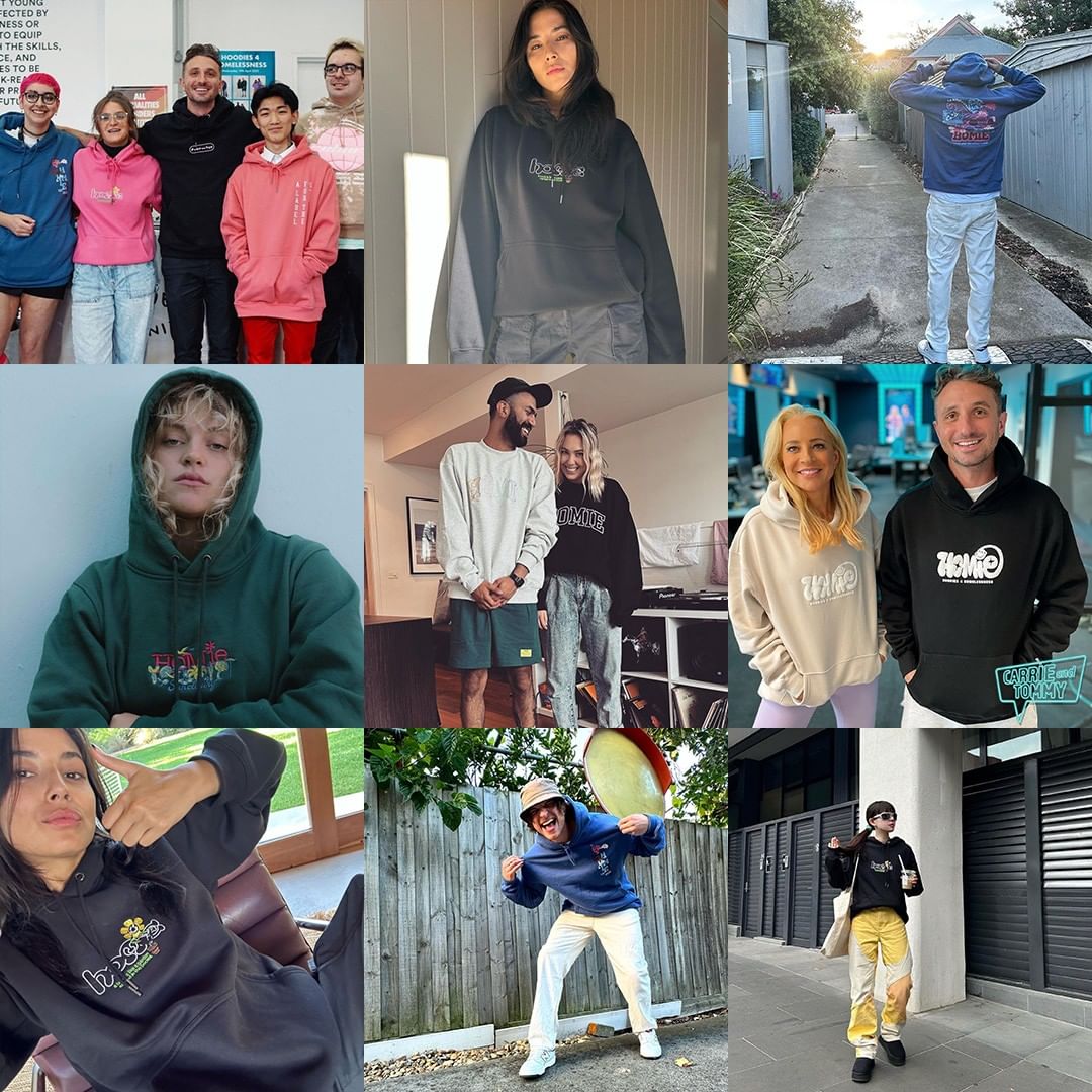 Collage of people of diverse ages and ethnicities in varied settings, all wearing hoodies with distinctive designs and colors.