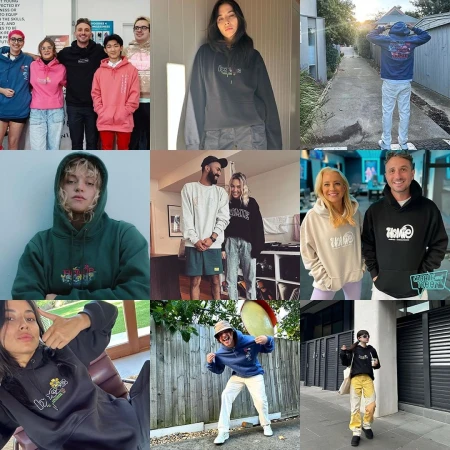Collage of people of diverse ages and ethnicities in varied settings, all wearing hoodies with distinctive designs and colors.