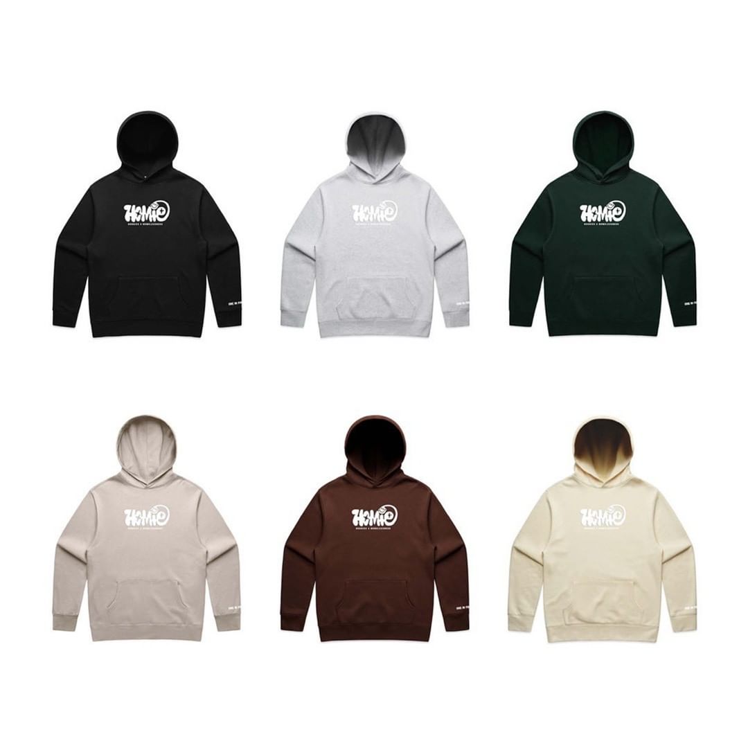 Arrangement of hooded sweatshirts in black, gray, green, tan, brown, and cream with a logo printed on the chest.