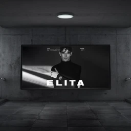 Digital billboard in a concrete underpass displaying a black and white portrait of a man wearing a turtleneck and a luxury watch.