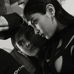 Monochrome close-up portrait of a woman wearing a black cutout top and linked silver earrings reflecting in a mirror surface.