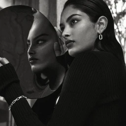 Monochrome portrait of a woman holding a curved round mirror reflecting her face, wearing a ribbed black top and silver jewelry.