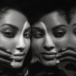Black and white multiple exposure portrait of a woman with hands touching her face, captured by 3 Deep.