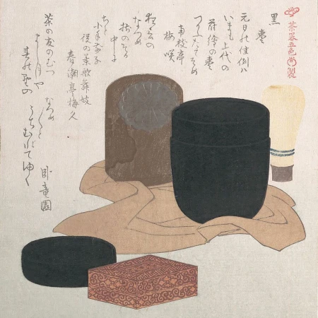 Still life of traditional Japanese tea ceremony items arranged on a cloth, including a tea caddy, a box, and a ceramic container.