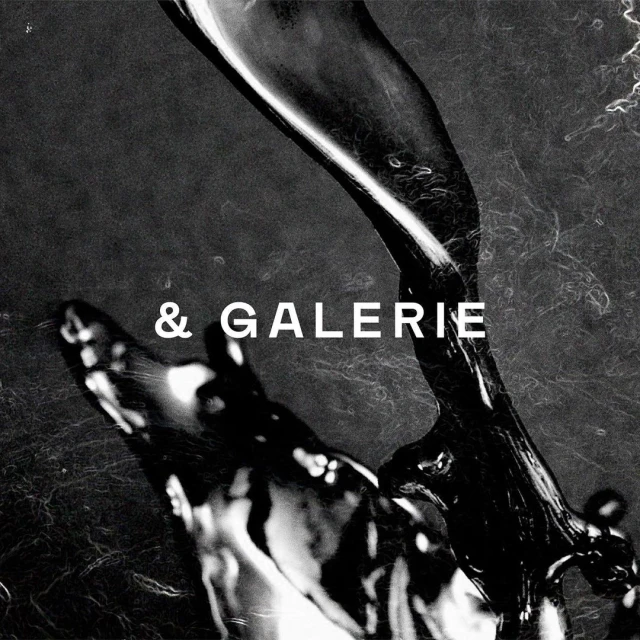Abstract black and white image featuring a liquid cascade against a textured background, with the text '& GALERIE' centrally positioned.