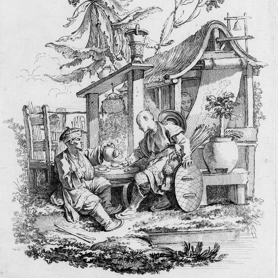 Artwork featuring two men seated at a table outdoors, one pouring tea into a cup, alongside a woman in a nearby structure.