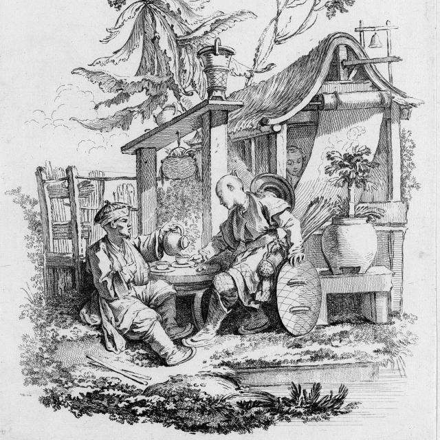 Artwork featuring two men seated at a table outdoors, one pouring tea into a cup, alongside a woman in a nearby structure.