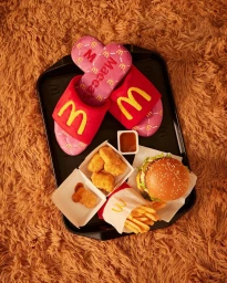 Top-down view of a fast food meal with a burger, fries, nuggets, and branded slippers resting on a black tray on a shaggy rug.