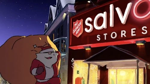 Cartoon Santa Claus character carrying a large sack in front of a Salvation Army store with city buildings at night in the background.
