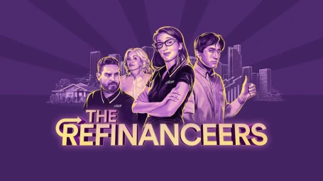 Digital illustration of four diverse people standing against a purple cityscape background with stylized text reading The Refinanceers.