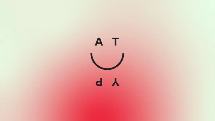 A minimal graphic logo featuring letters and a curved smile on a soft pastel gradient background.