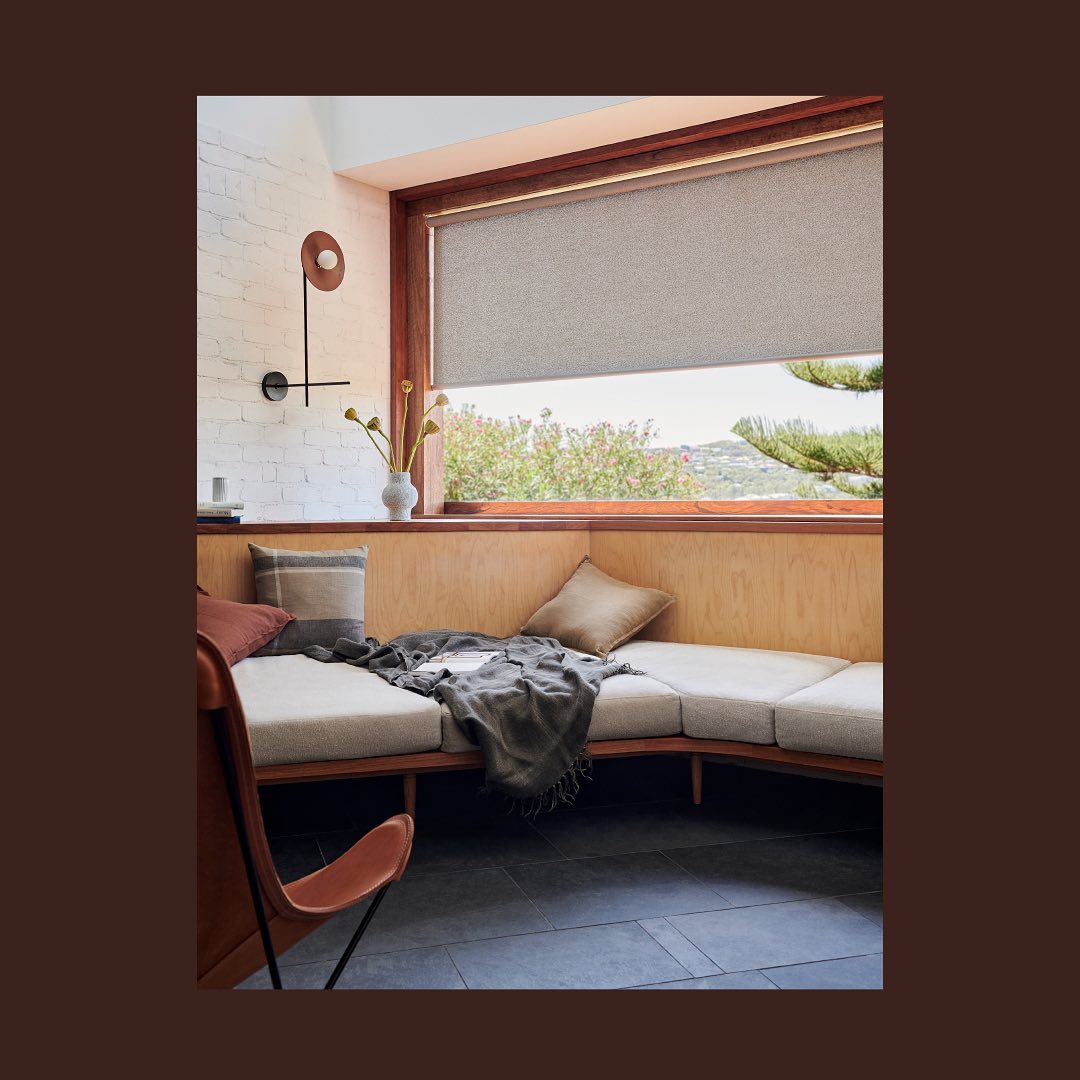 Modern interior featuring a daybed with soft cushions and throw blanket, bathed in natural light from a large window with a blind.