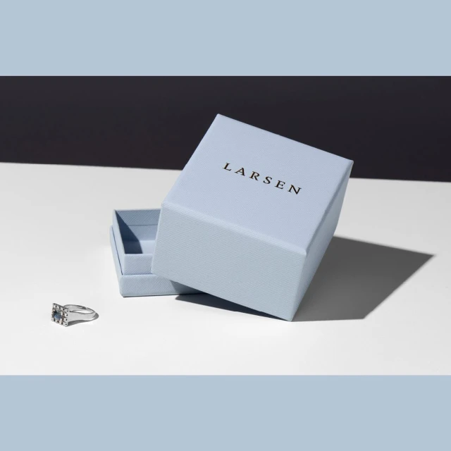 Jewelry product shot featuring a silver ring with a gemstone next to a light blue Larsen branded box on a white surface with a dark background.