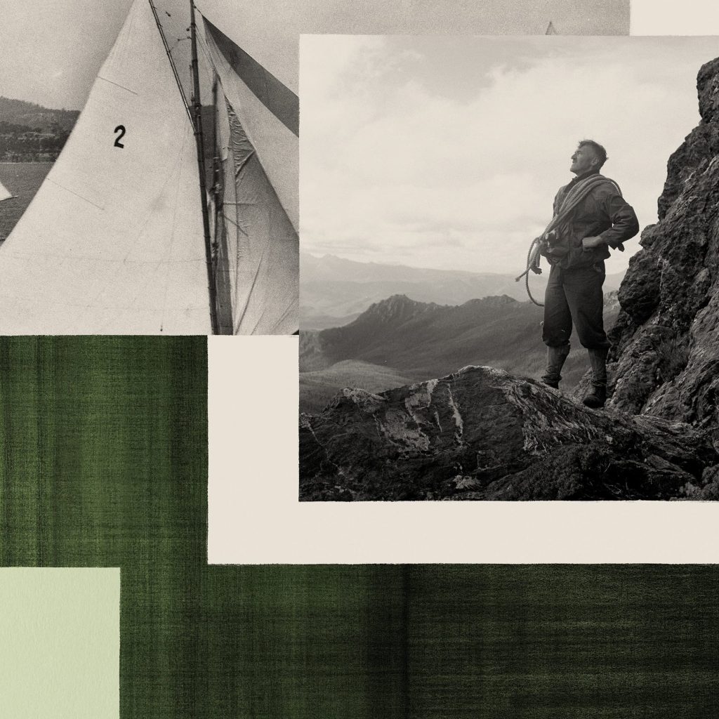 Monochrome collage of vintage sailing boat and mountain climber photos against geometric background in shades of green and beige.