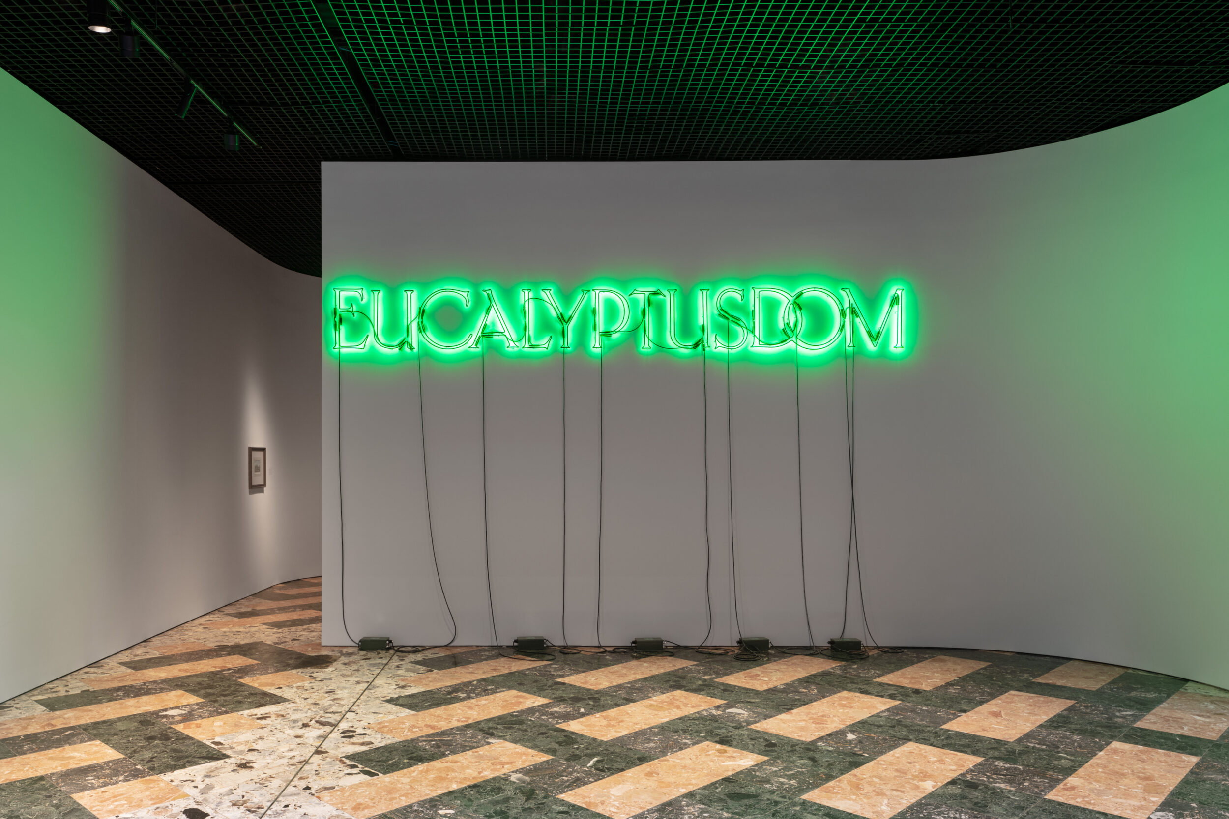 A green neon sign spelling out 'EUCALYPTUSDOM' against a white wall in a modern art gallery setting with a patterned floor.