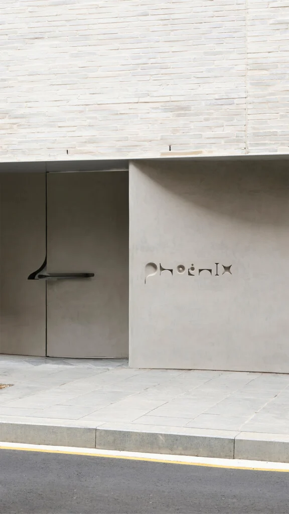 Exterior architectural view of a concrete building facade with inset lettering reading Phoenix above a stone sidewalk.