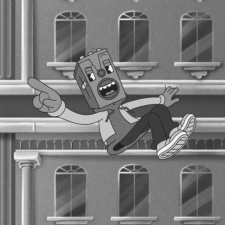 Retro cartoon animation of a brick-headed figure wearing sneakers, a jacket, and pants, against a city building background.
