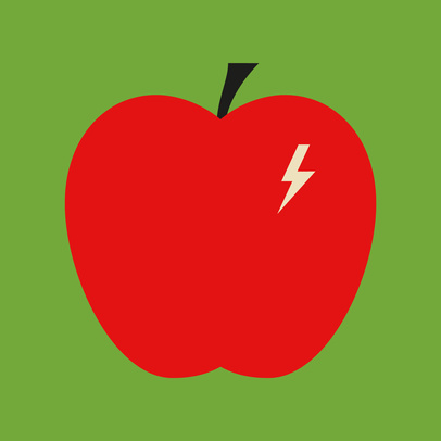 Illustration of a vibrant red apple with a lightning bolt symbol on a solid green background, embodying modern design and simplicity.
