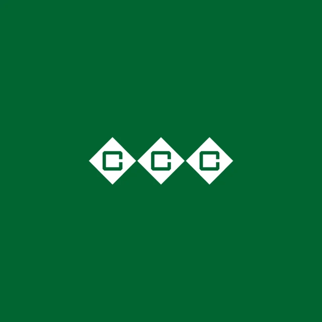 Three white diamond shapes with the letter 'C' inside, evenly spaced against a solid green background.