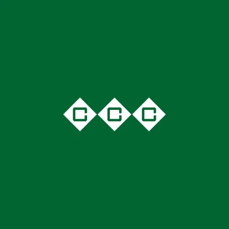 Three white diamond shapes with the letter 'C' inside, evenly spaced against a solid green background.