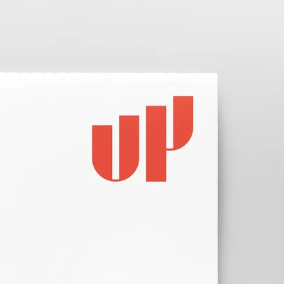 Minimalist geometric logo design featuring orange vertical bars on a white card, creating an upward trend visual. Clean graphic.
