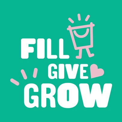 Illustration with the words 'Fill, Give, Grow' in white, with a pink cartoon bucket character above and a pink heart accent.