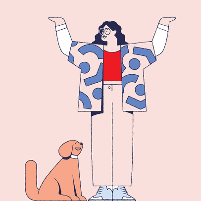 Illustration of a woman with geometric shirt standing with arms raised near a dog against a pastel pink background.