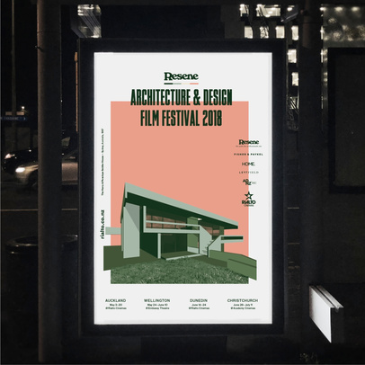 Poster featuring architectural design film festival 2018, showcasing modern building illustration on display at a bus stop at night.