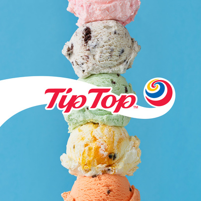 Stacked ice cream scoops of various flavors against a light blue background, featuring the 'Tip Top' logo.