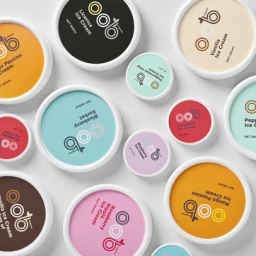 Overhead flat lay of round ice cream tubs in various pastel and bright colors with branding by Special Design on a white background