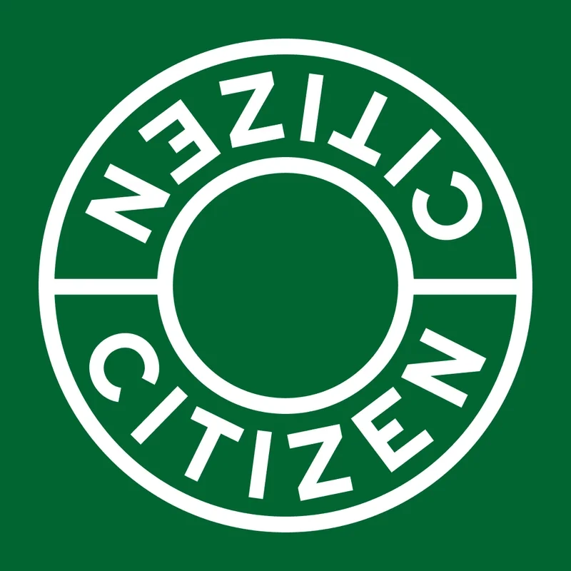 Three white diamond shapes containing letter symbols on a solid dark green background by Special Design