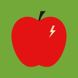 Graphic illustration of a vibrant red apple with a lightning bolt symbol against a solid green background