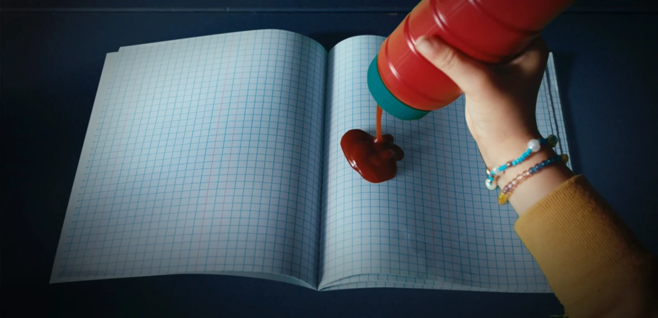 Child's hand pours ketchup from a plastic bottle onto an open graph-paper notebook, creating a messy, playful, and unexpected scene.