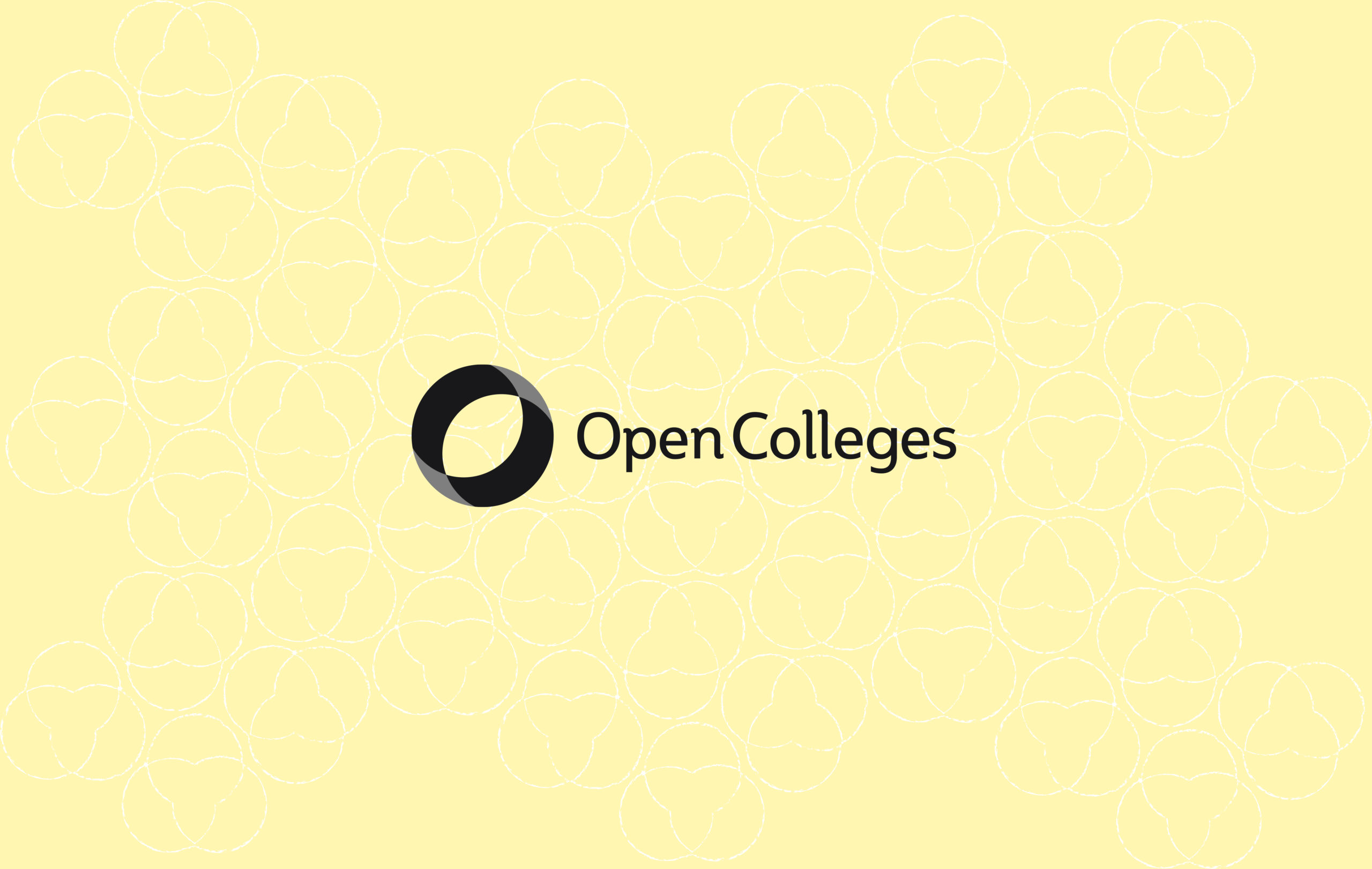 Open Colleges logo on a pale yellow background featuring a pattern of overlapping circles. The logo features the name and a ring-shaped icon.