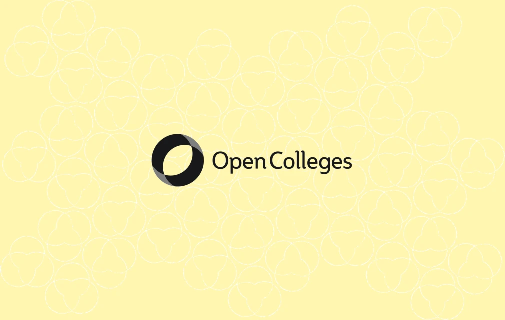 Open Colleges logo on a pale yellow background featuring a pattern of overlapping circles. The logo features the name and a ring-shaped icon.
