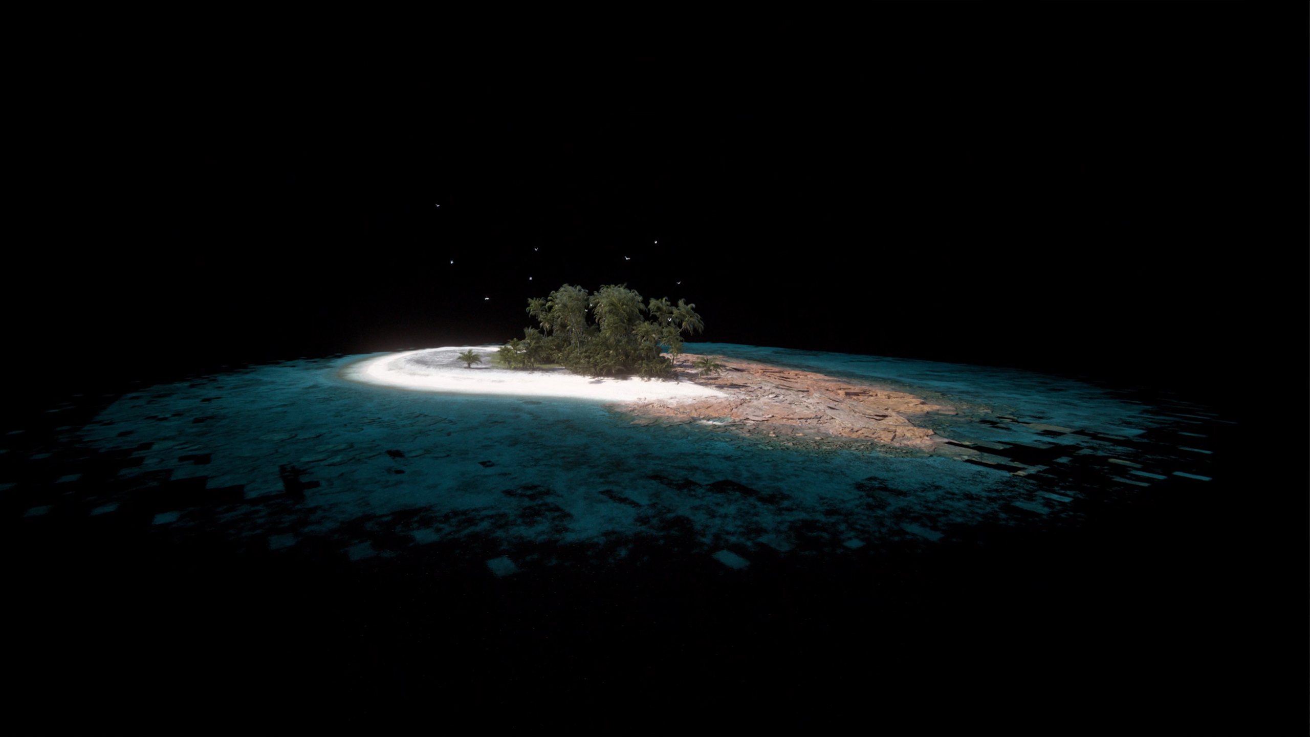 Digitally-rendered tropical island with white sand beach, trees, and clear blue water against a stark black background.