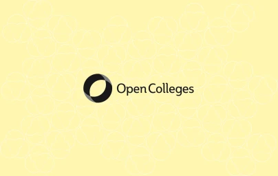 Open Colleges logo centered on a pale yellow background featuring faint overlapping geometric outline patterns