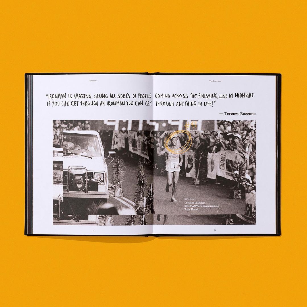 Black and white photo collage featuring a runner, crowd, and vehicle in a book, displayed on an orange background.