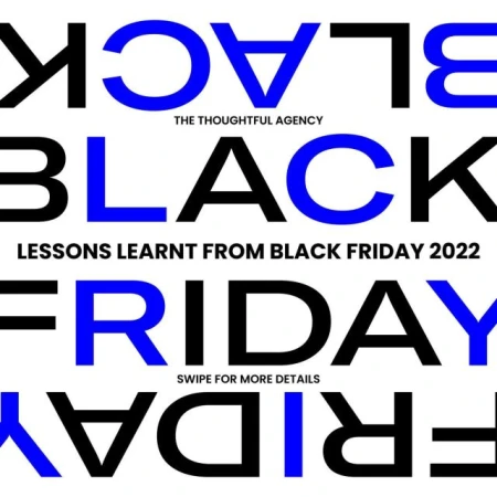 Graphic art with bold text 'BLACK FRIDAY' in black and blue on white background, advertising lessons learned from Black Friday 2022.