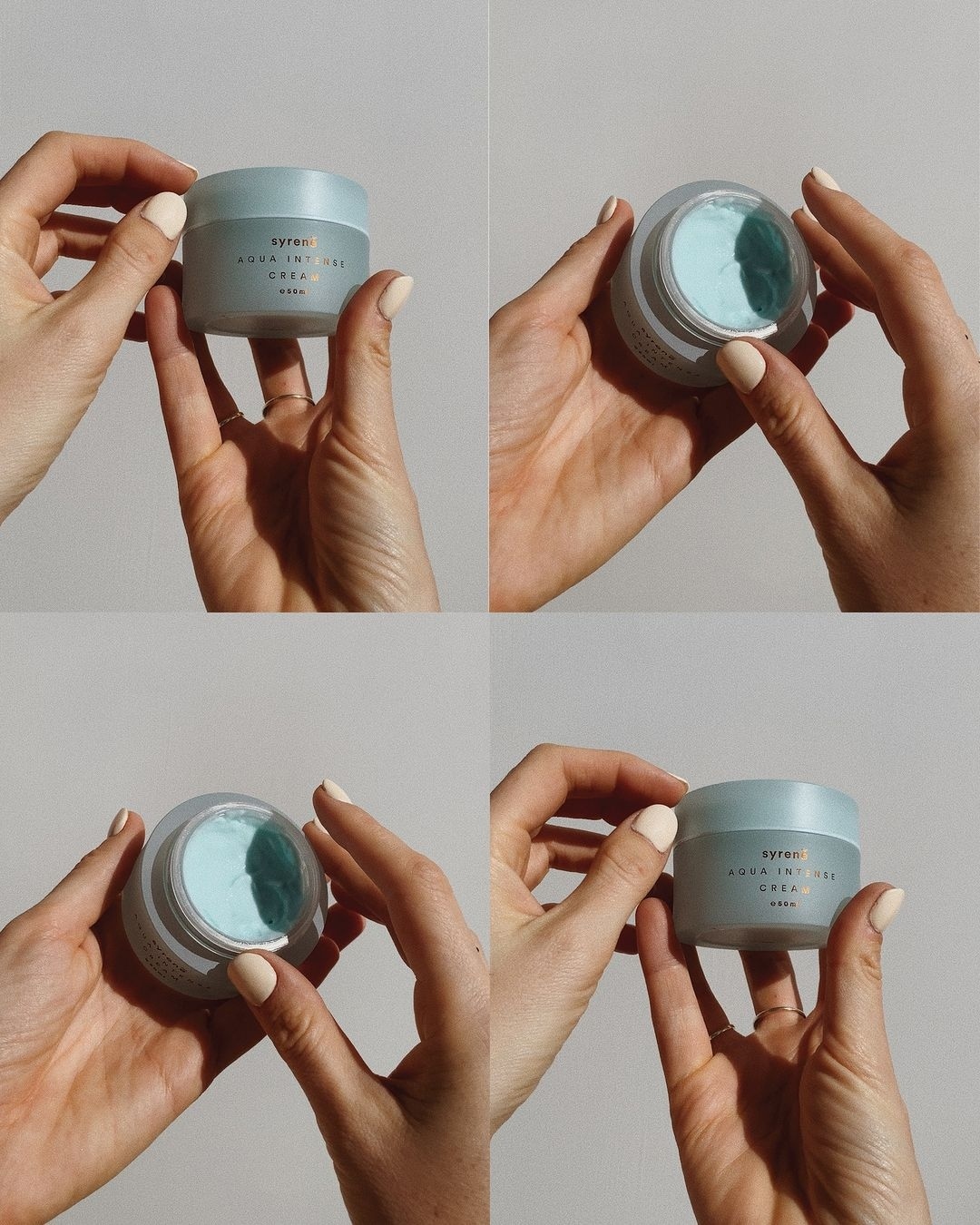 Hands holding a skincare product jar with light blue contents, presented against a neutral background in four different angles.