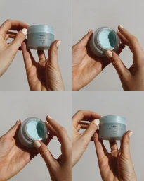Four-panel grid image of hands holding a frosted blue jar of aqua face cream against a neutral background.