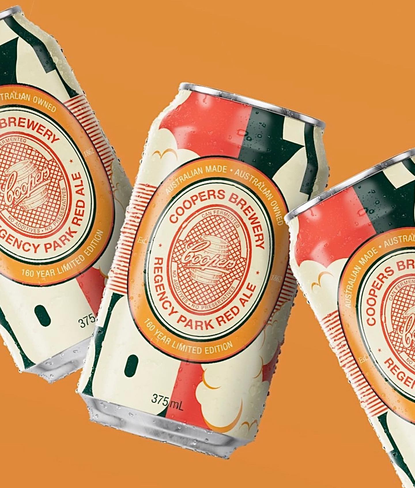 Three Coopers Brewery Regency Park Red Ale cans featuring vintage-style labels and condensation, set against an orange background.
