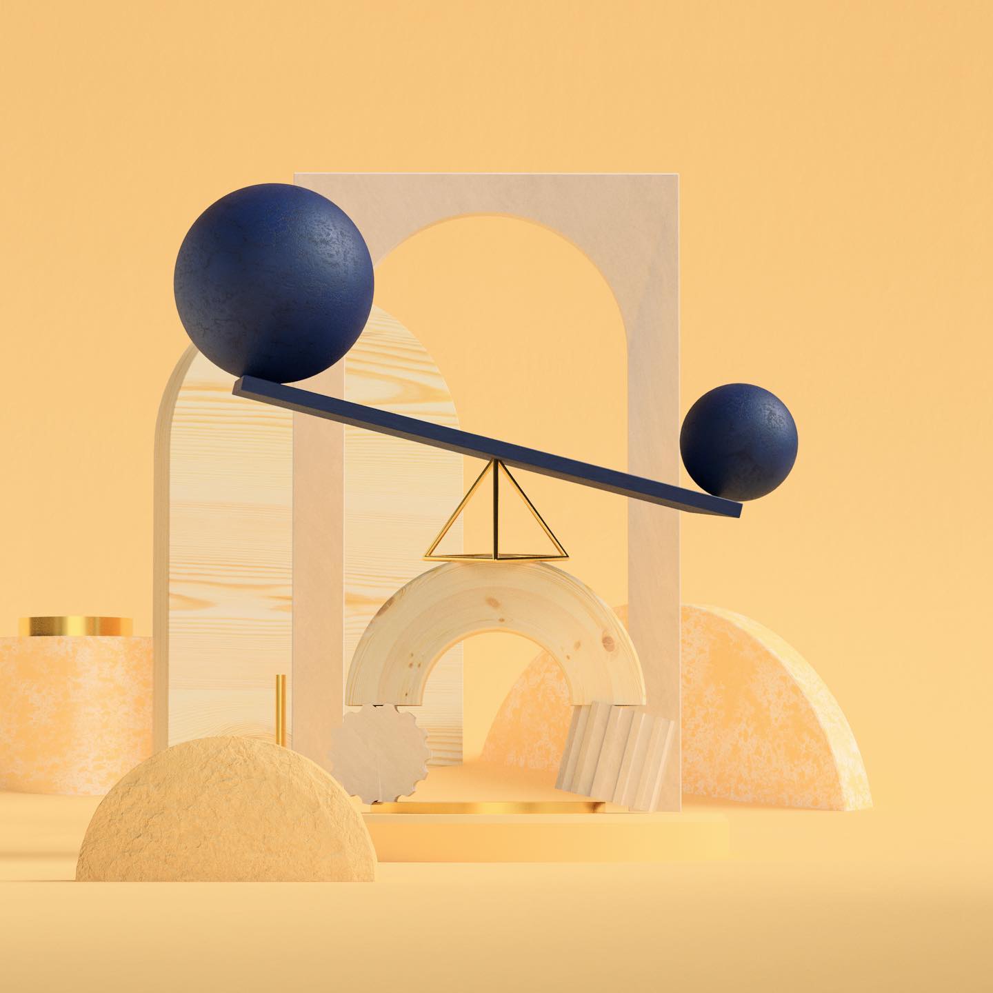 Abstract geometric art with blue spheres, wooden arches, and balance beam against a gradient yellow background, creating a surreal composition.