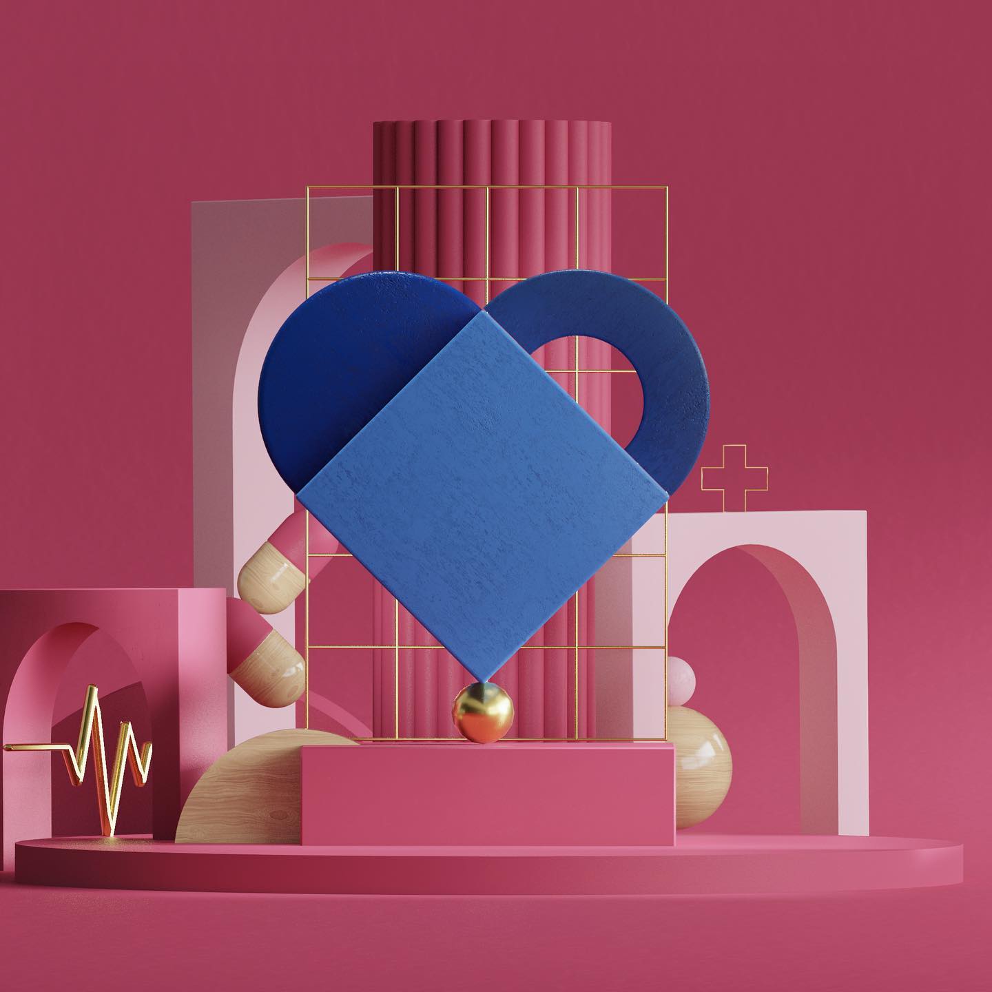3D render showcases vibrant geometric shapes in blue, pink, and gold, arranged on a pink platform against a matching pink background.