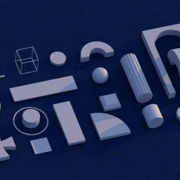 Top-down view of various white geometric shapes and architectural elements arranged on a textured navy blue background.