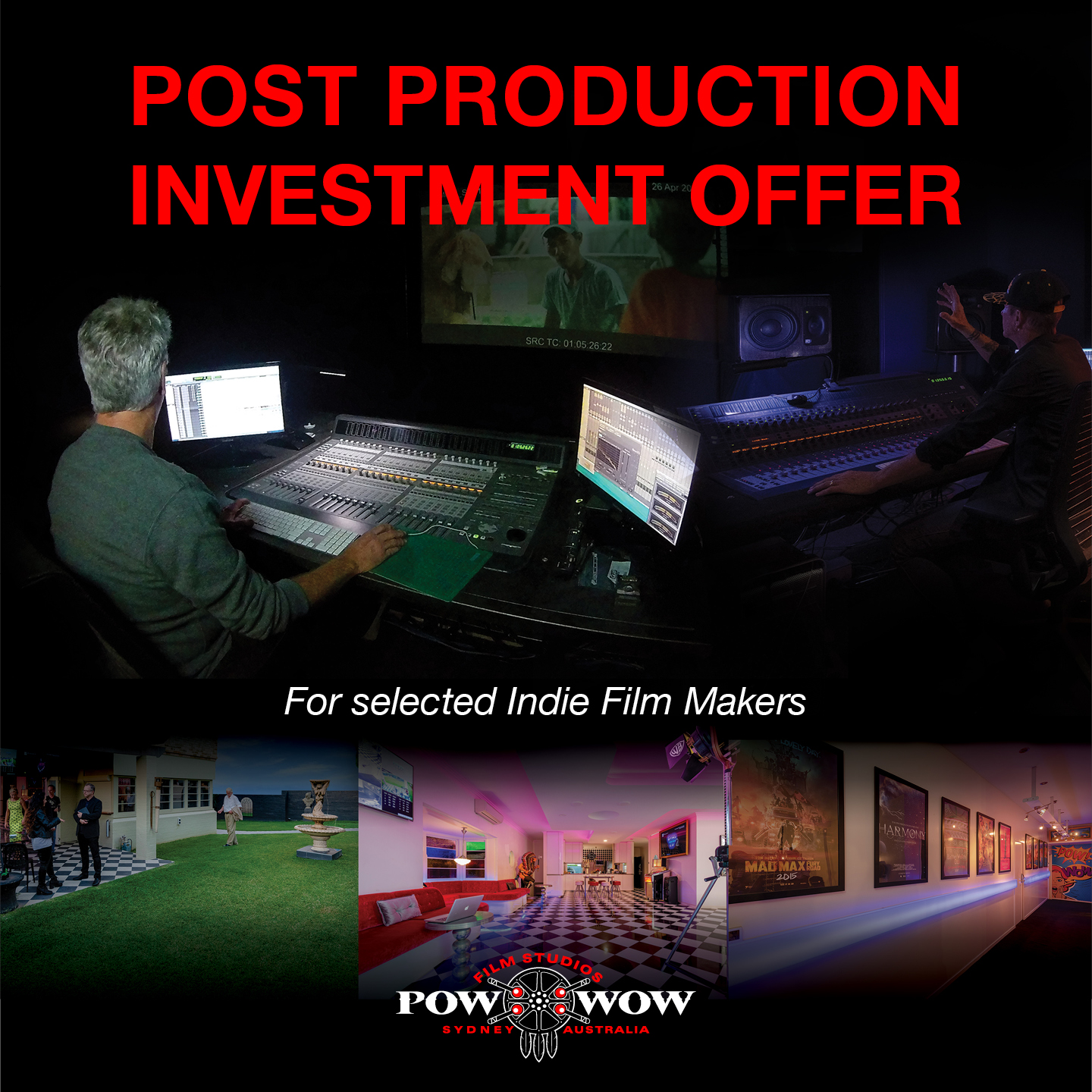 Film post-production studio featuring a mixing console, editing monitors, and film posters, promoting investment opportunities for indie filmmakers.