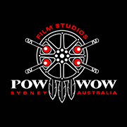 Pow Wow Film Studios logo on a black background features stylized feathers and crossed sticks radiating from the central text.