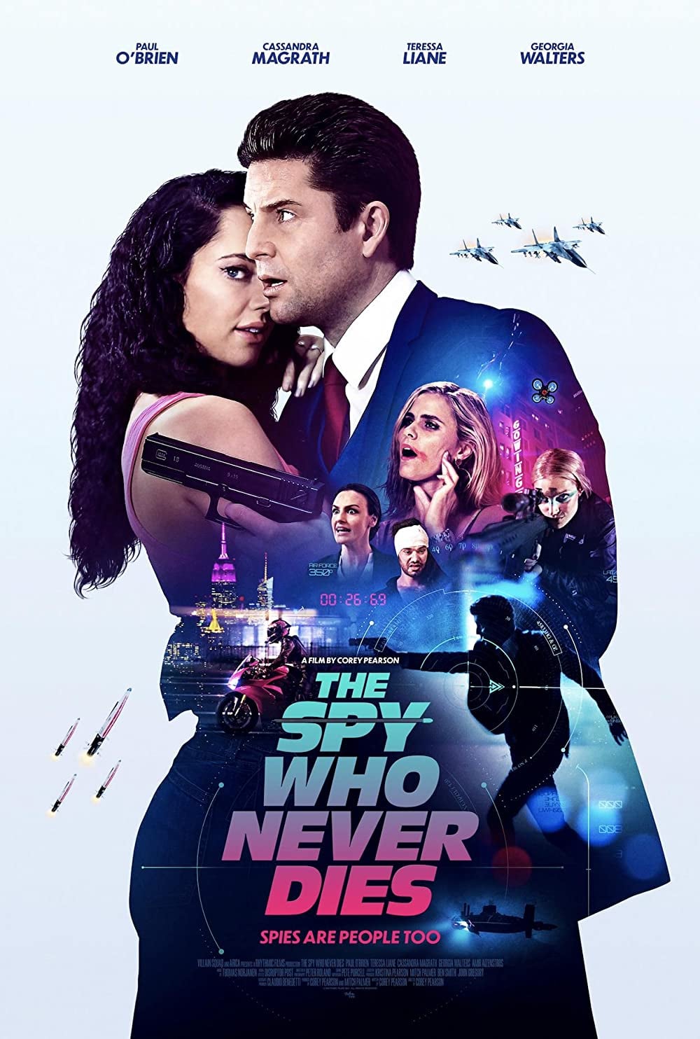 Movie poster featuring a man and a woman with a gun, overlaid on a cityscape and other figures. The title reads, "The Spy Who Never Dies."
