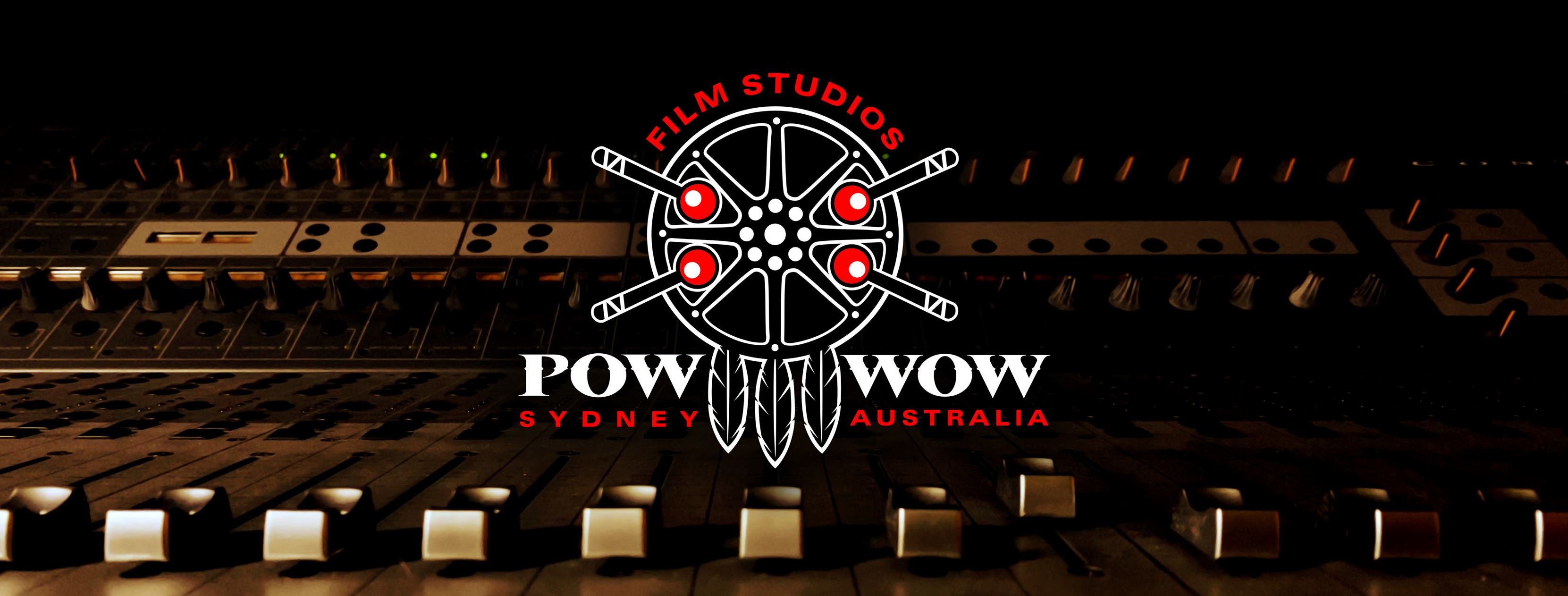 Sound mixing console with Pow Wow Film Studios logo in the center featuring a native-style design element on a dark background.