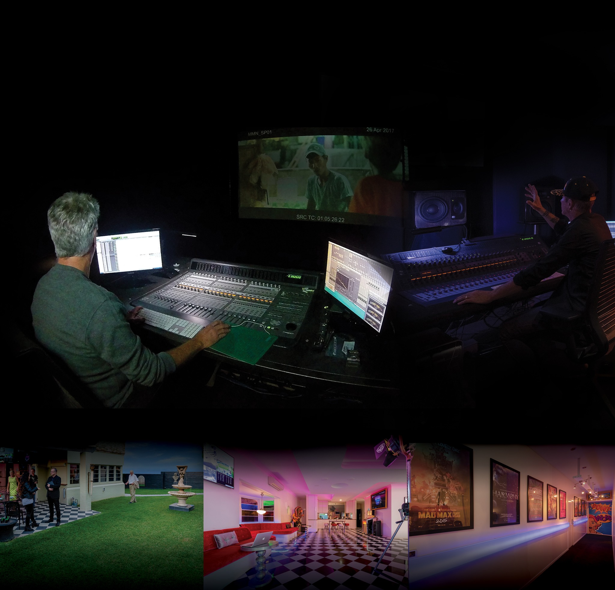 People working at mixing consoles in a dark studio, along with montage of images and film posters in post-production environment.